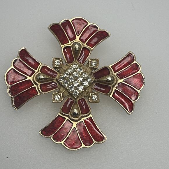 Weiss Maltese Cross Brooch Pin Goldtone Red Enamel Clear Rhinestones - Picture 1 of 7